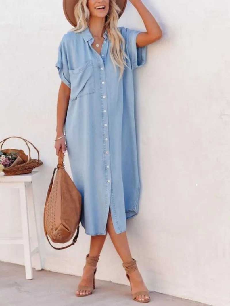 Womens Casual Loose Solid Color Short Sleeve Long Slit Shirt Dress with Shoulder Sleeves and Button-Up Dress XJ250814