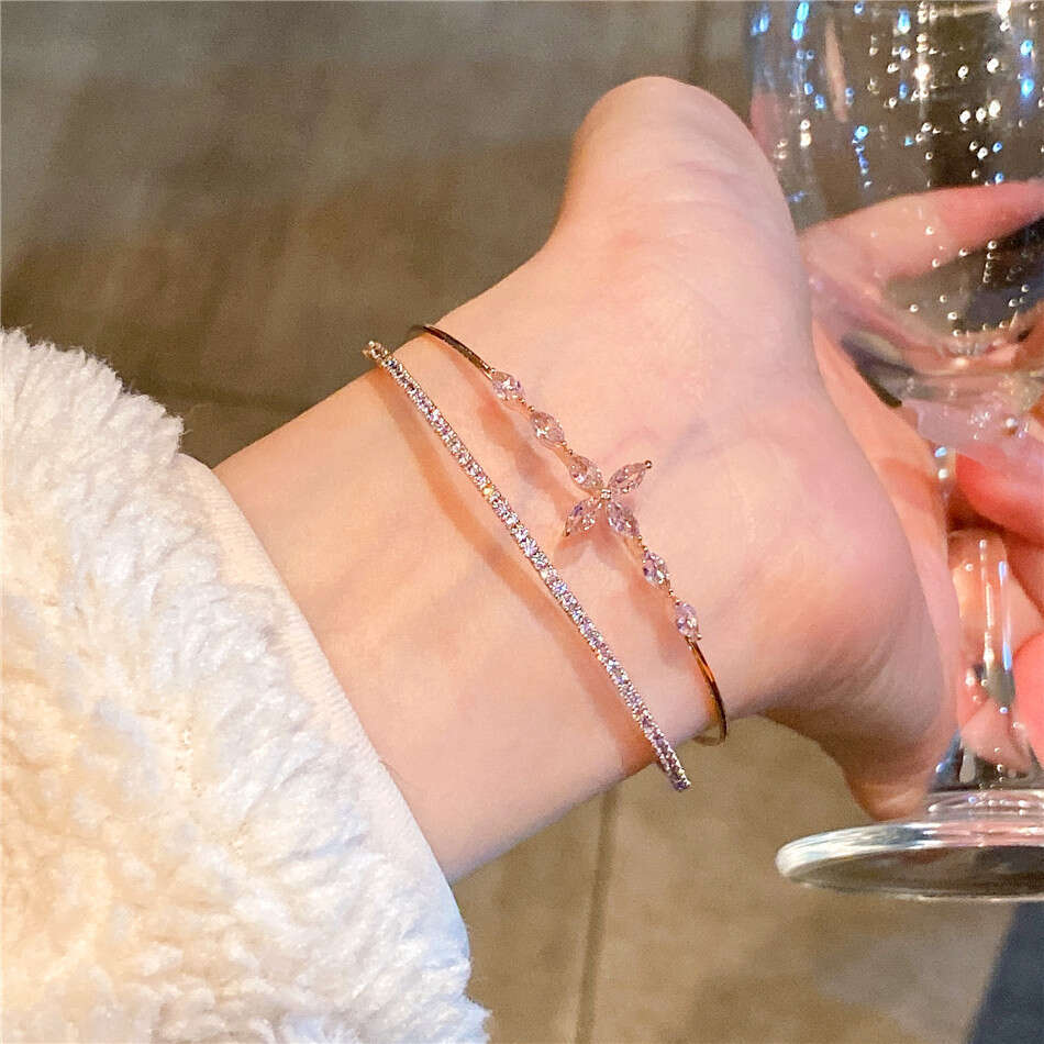 Rose Gold Cross Bracelet - Sparkling Zirconia Cuff Bangle for Women | Korean Trendy Jewelry (J1855)