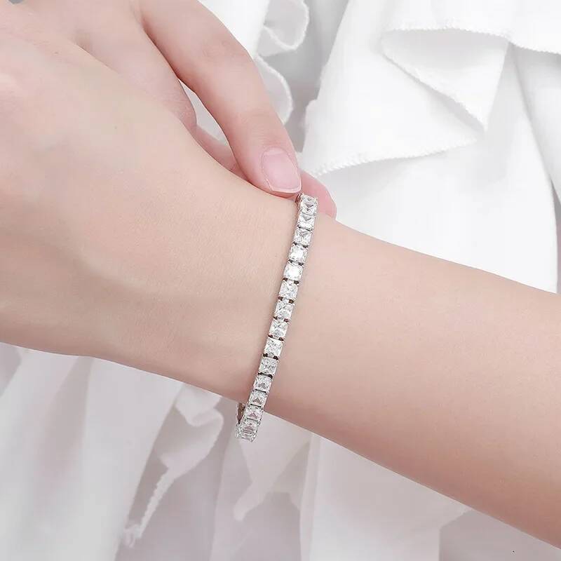 NKHOG Real 4mm Princess Cut Square Moissanite Tennis Bracelet Women Men S925 Silver Party Wedding Bangles GRA Fine Jewelry Gifts