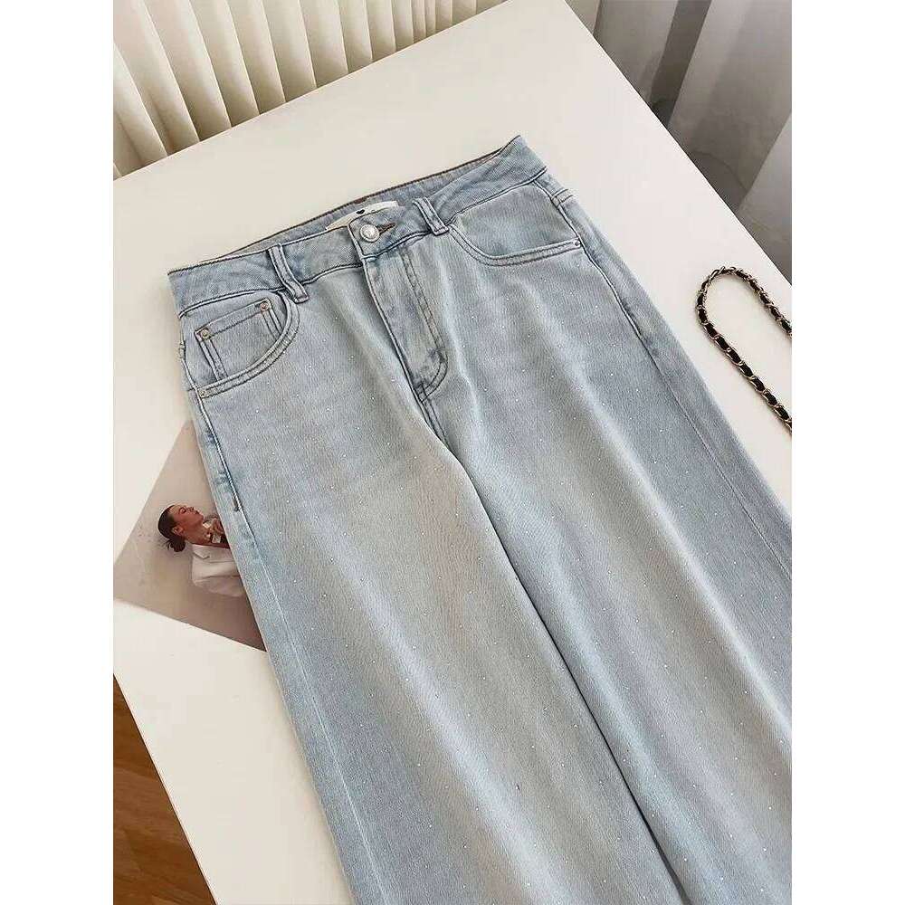 2025 Summer Loose Hollow Embroidered Rhinestone Jeans Women High Waist Straight Denim Pants Y2K Casual Streetwear Look
