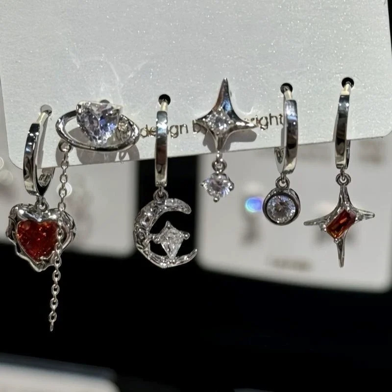 6PCS Set Goth Red Crystal Star Heart Black Pentagram Pendant Earring For Women Vintage Aesthetic Trendy Y2K Jewelry Accessories 250812