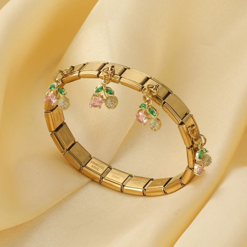 Y2K Golden Cherry Pendant Stainless Steel Elastic Italian Links Charm Bracelet 9mm Width Simple Bangle Women DIY Jewelry 250813