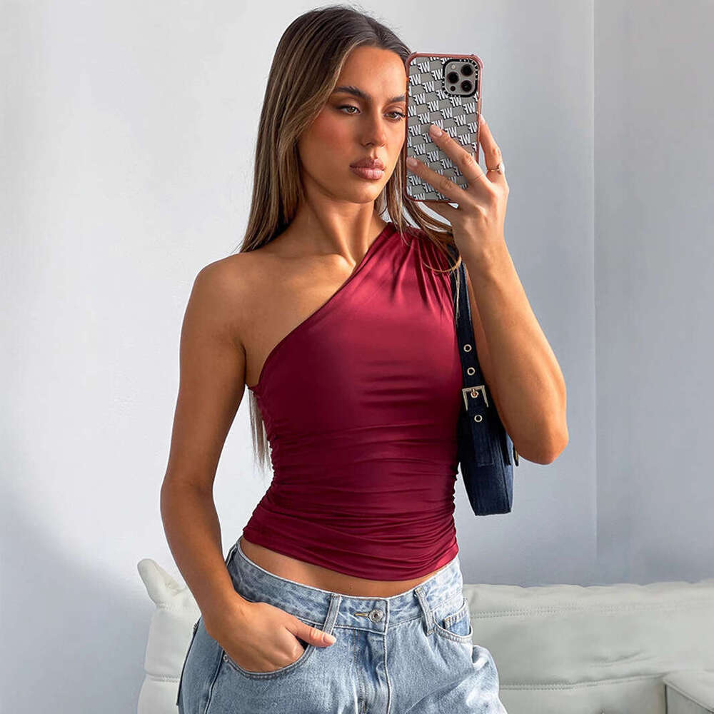 AYJ24S016 Women's Sexy Asymmetrical Shoulder Ruched designer t shirt Tight Tank Inner Elegant Tube Top Outer Wear
