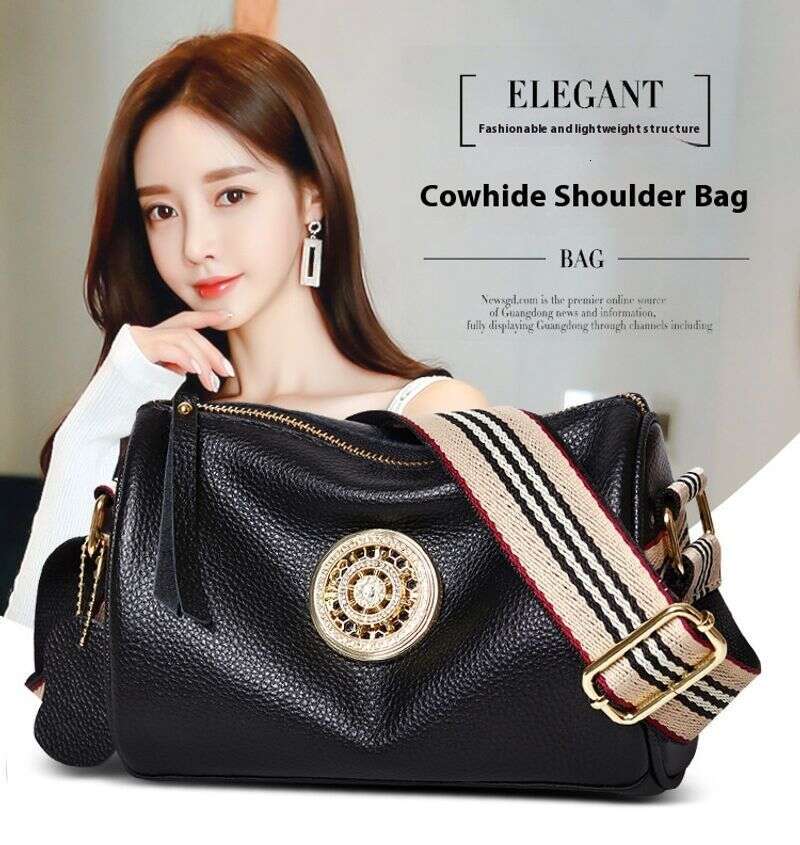Real Women's New Simple And Fashionable Wide Strap Single Shoulder Crossbody Top Layer Cowhide Leather Bag