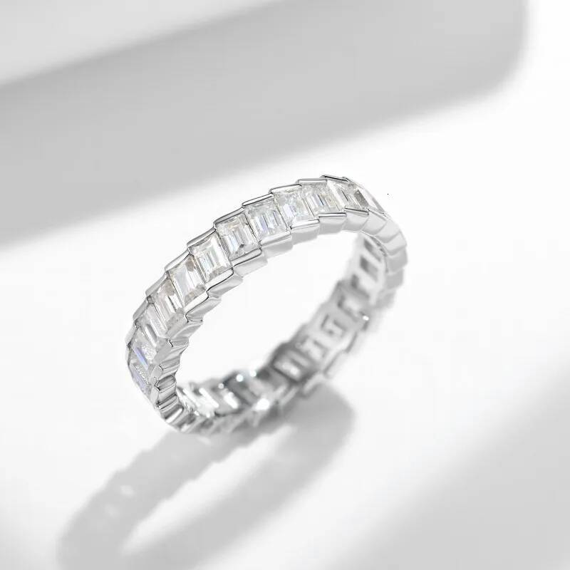BXINY 2*3mm Emerald Cut All Moissanite Ring 925 Sterling Silver for Women D Color Diamond Eternity Wedding Band Fine Jewelry GRA