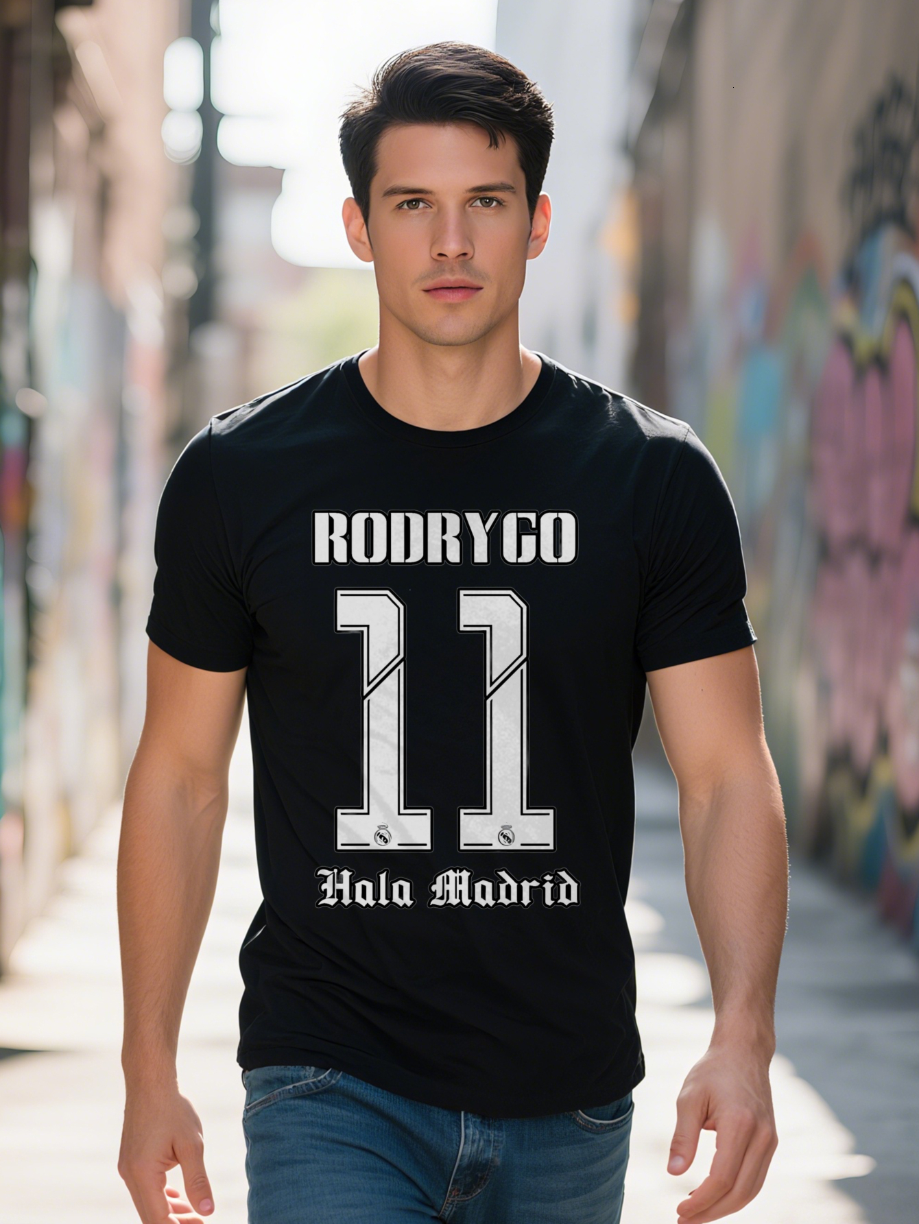 Rodrigo Casual Short Sleeve T-Shirt Black with White Number Gothic Lettering Print Round Neck Summer Top