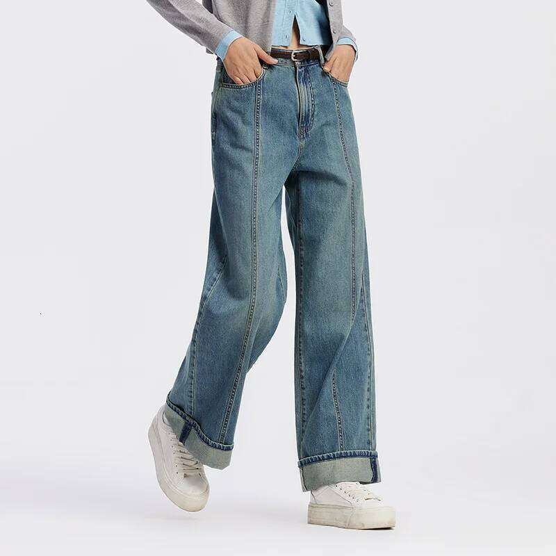 Semir Jeans Women Rolled Hem Long Pants 2025 Autumn New Loose Wide Leg Trousers