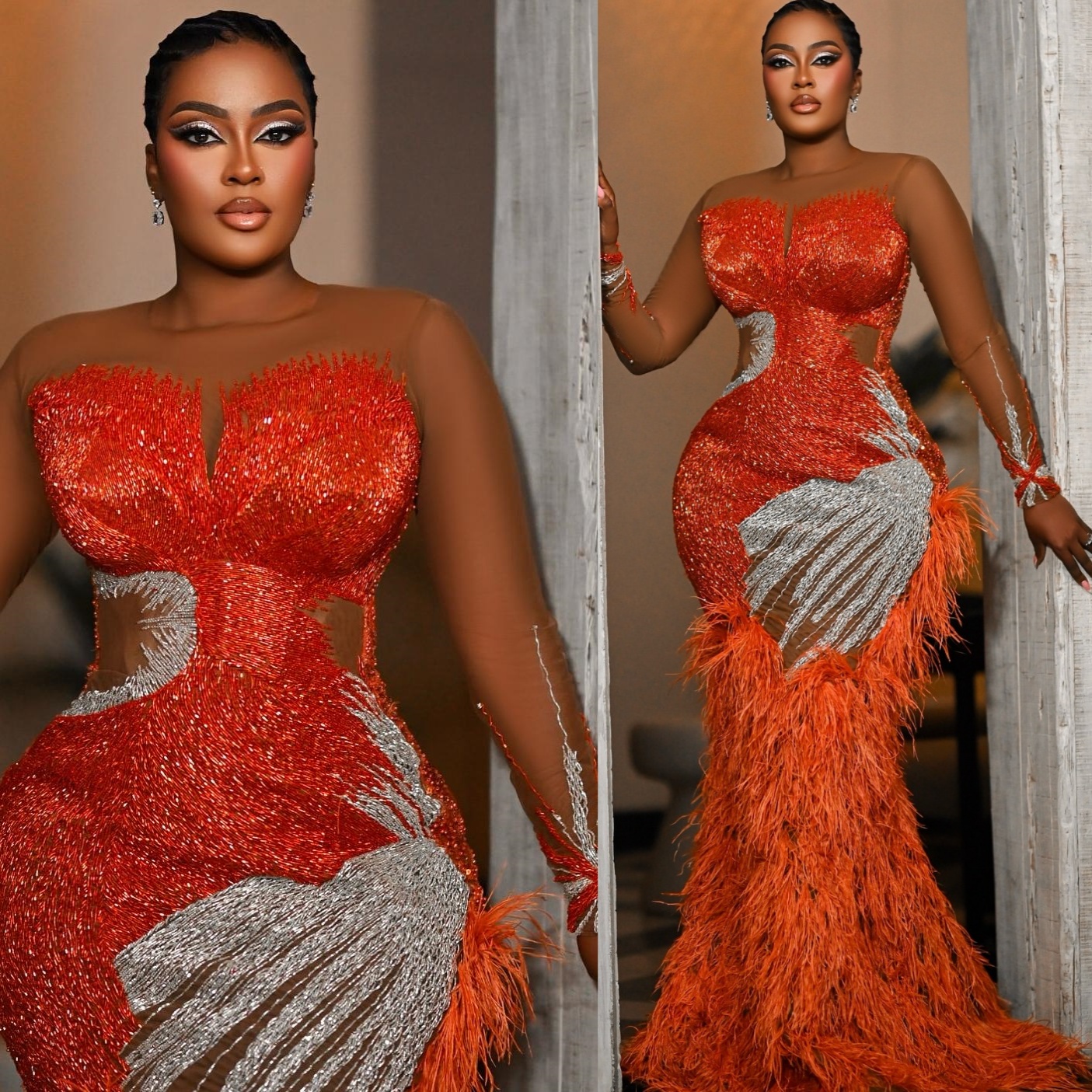 Mermaid Burnt Orange Prom Dresses 2025 Illusion Beaded Feather Evening Formal Party Second Birthday Engagement Gowns Plus Size Dress For Special Occas