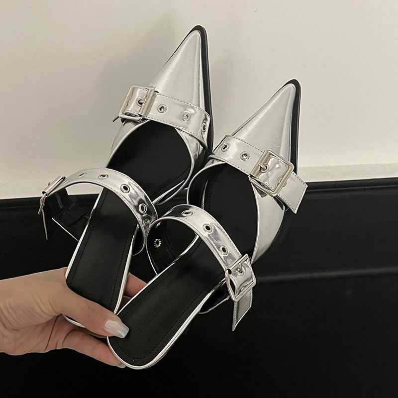 2023 Punk Goth Metal Buckle High Heels Sandals for Women Summer Pointed Toe Silver Party Shoes Korean Style Thin Heels Sandals W250814