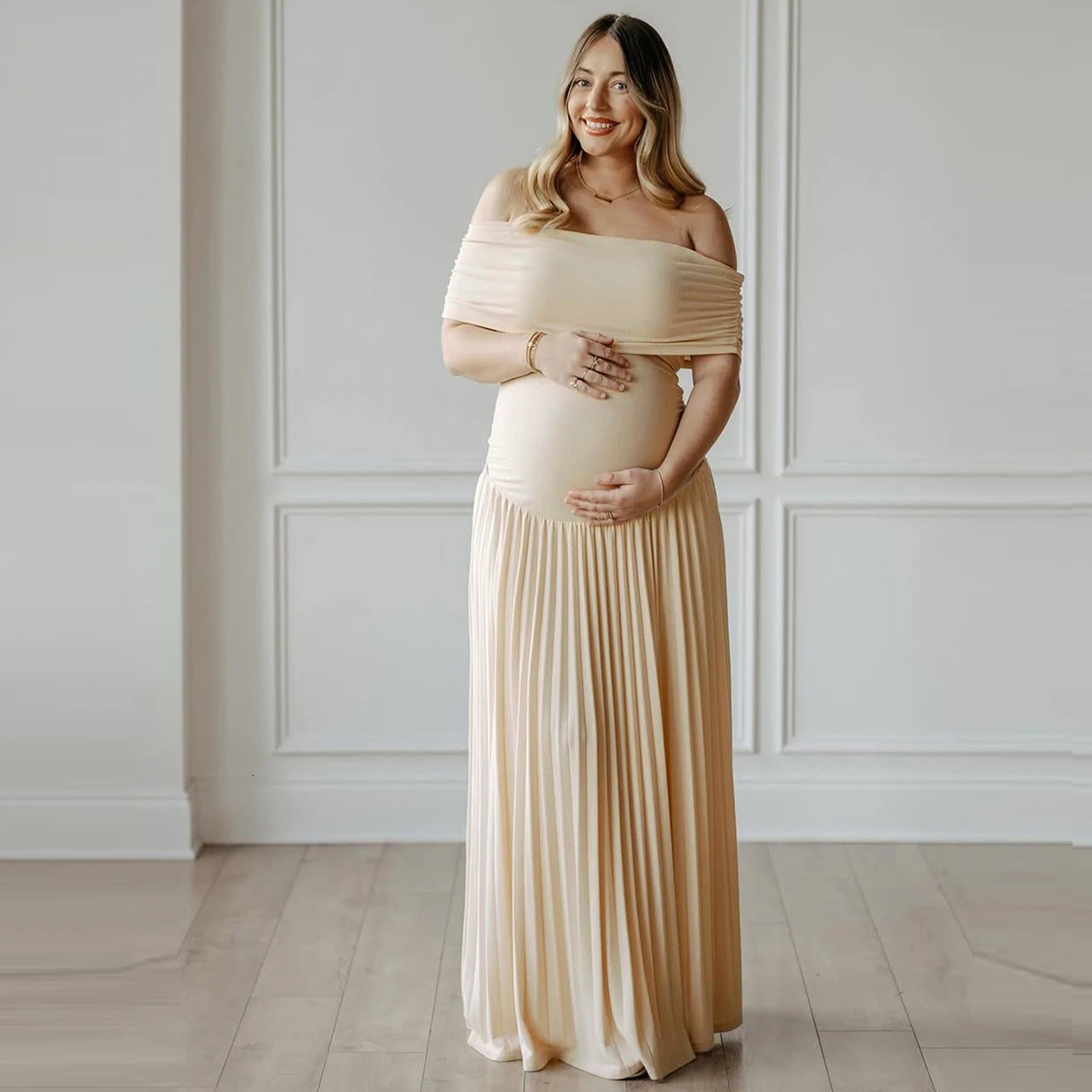 Maternity Off-Shoulder Bodycon Backless Summer Long Dress Pleated Maxi Gown for Baby Shower Poshoot 250813