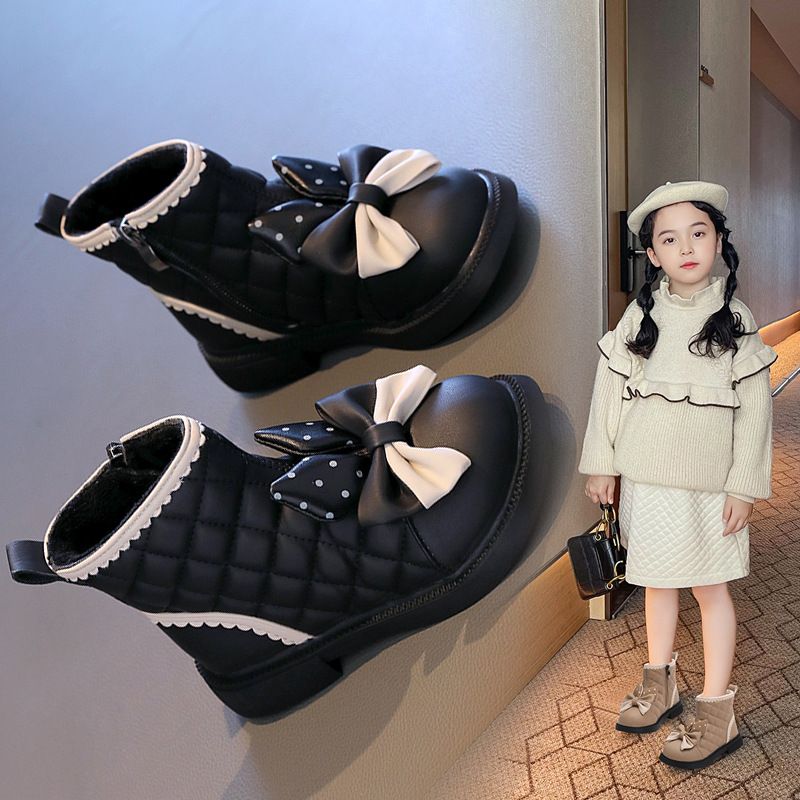 New Toddler Winter Shoes Girls Ankle Boots Bow Grid Booties Princess Cute Snow Boots Kidsnest Kids PU Leather Dress Shoes Sizes US7C-US4Y