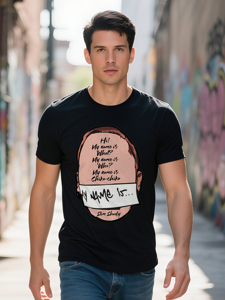 Men Casual Crew Neck T-Shirt with Head Silhouette Print on Black Background Funny Who S That Design Comfortable 5d7a1