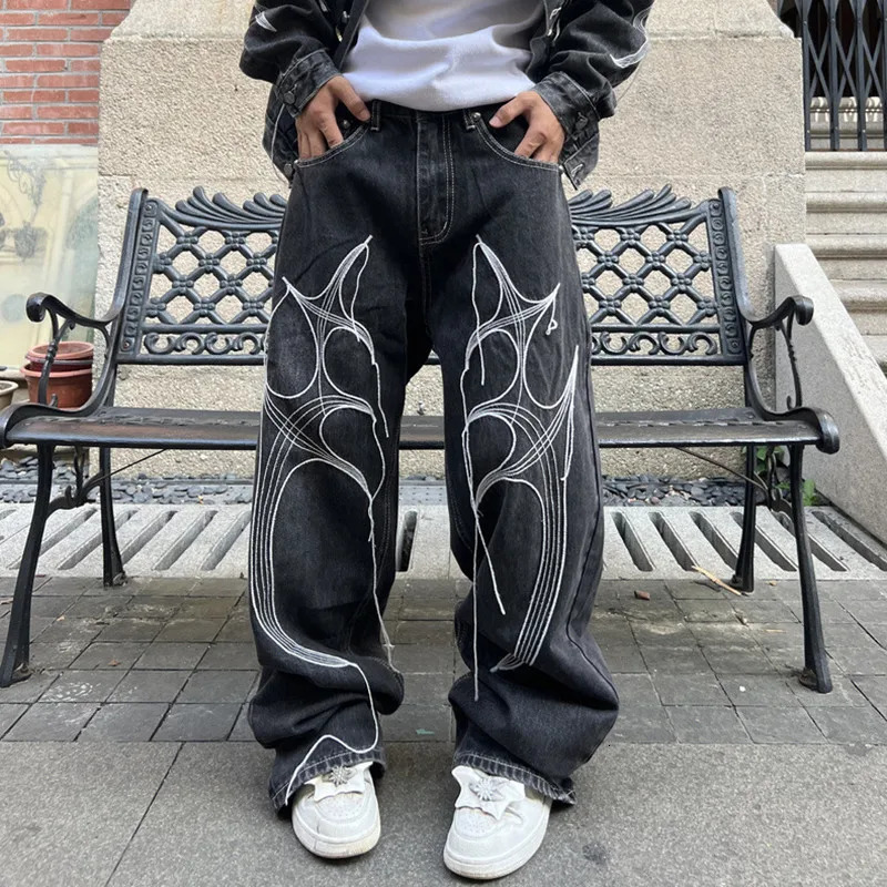 Cyber Y2K Streetwear Wing Embroidery String Stacked Baggy Jeans Pants For Men er Clothes Rock Black Long Trousers 250813