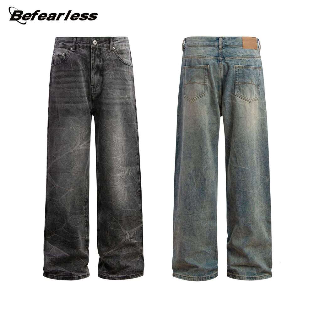 American Washed Lightning Pattern Jeans Unisex Trendy High Street Vibe Loose Casual Draped Straight Long Pants B5