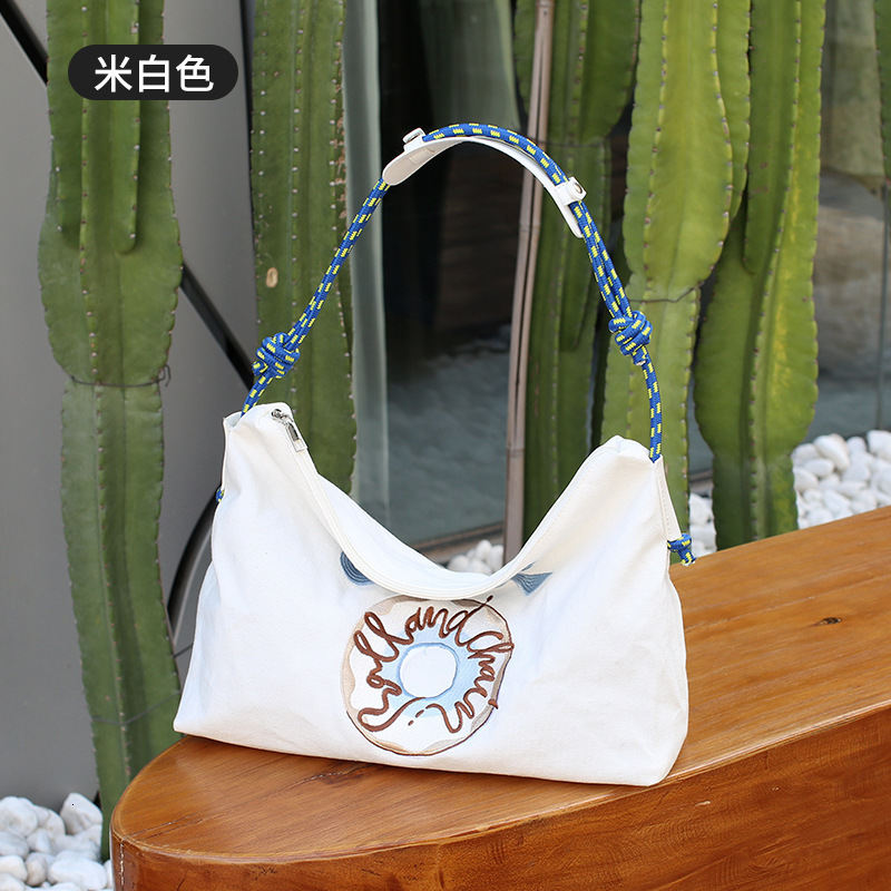 Versatile Large Capacity Canvas Spring Summer Embroidered Tote Students Class Commuting Bag for Women
