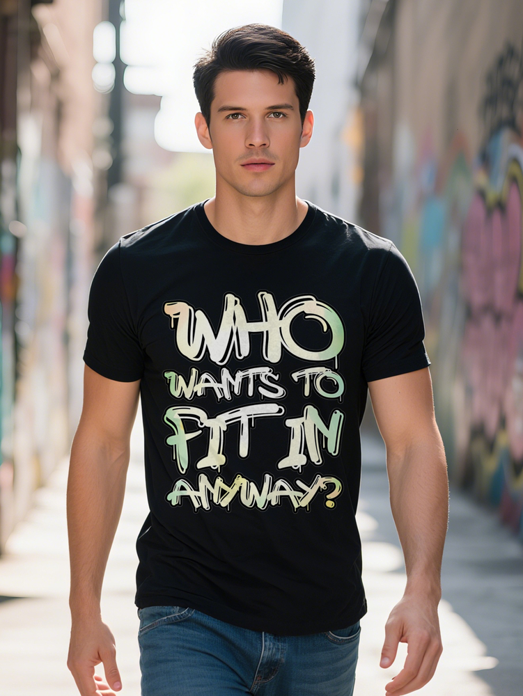 Men s Graphic T Shirt with Bold WHO WANTS to FIT IN ANYWAY Print Black Light Green Tee Regular Fit Round Neck