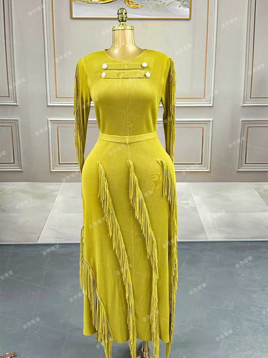 Women's Dresses Chic Floral Patterned Long Sleeve Gown with Decorative Fringe Accents 25102