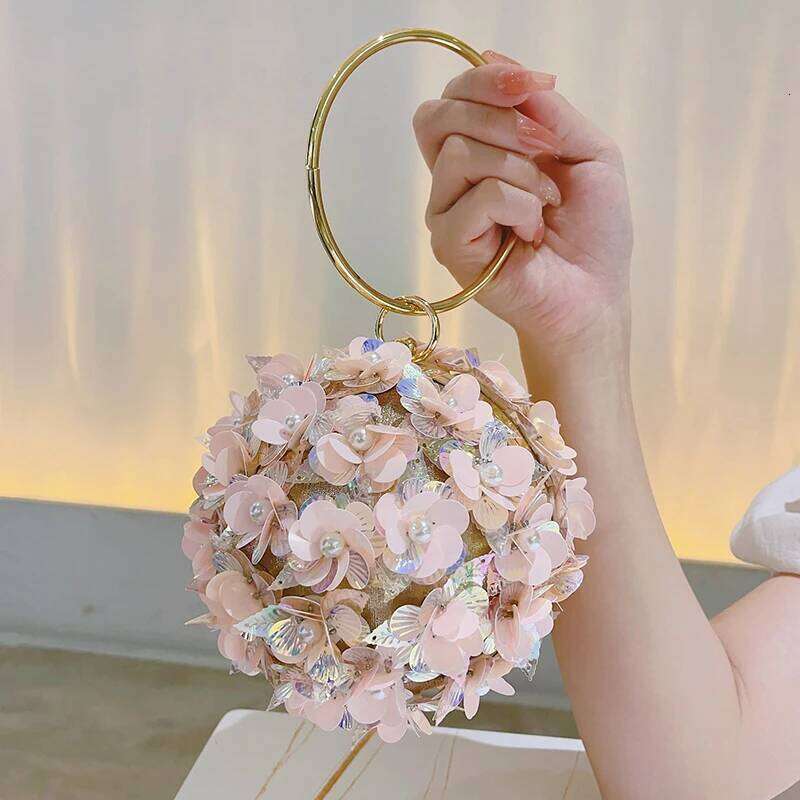 Mini Sequin Flower Evening Bag, Elegant Dinner Clutch Purse, Formal Round Banquet Handbag For Wedding Party Prom