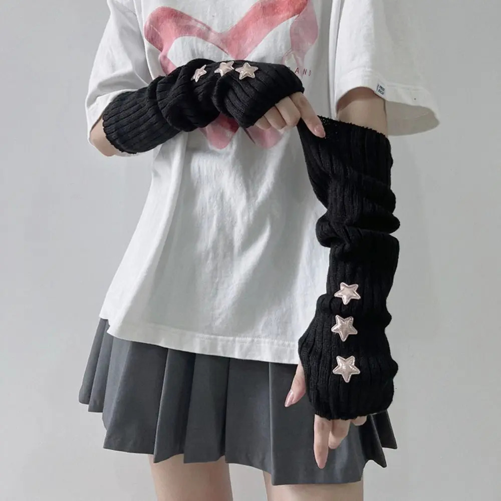 Punk Solid Color Star Knitted Gloves Y2k Gothic Wool Sleeve Cuff Long Hand Sleeve Arm Warmers Winter 250813