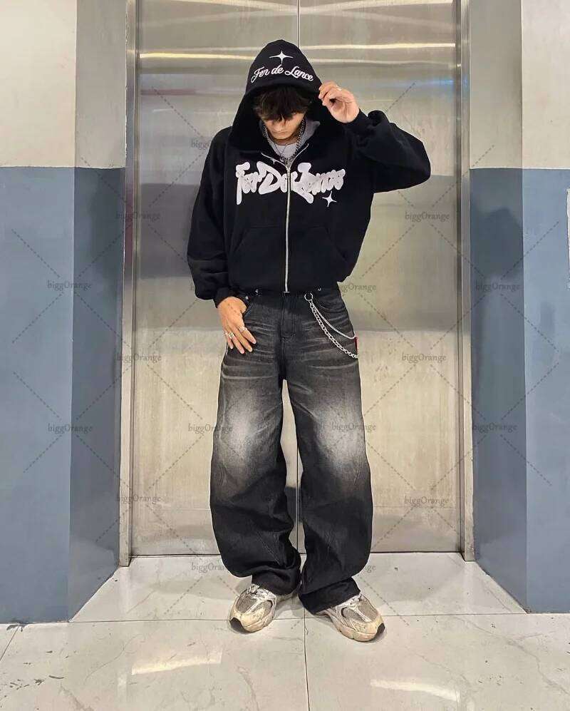 American Retro Dart Pattern Casual Loose Cotton Zipper Hoodie Men Street Hip-Hop Haruku Y2k Fashion Oversized Sweatshirt Women