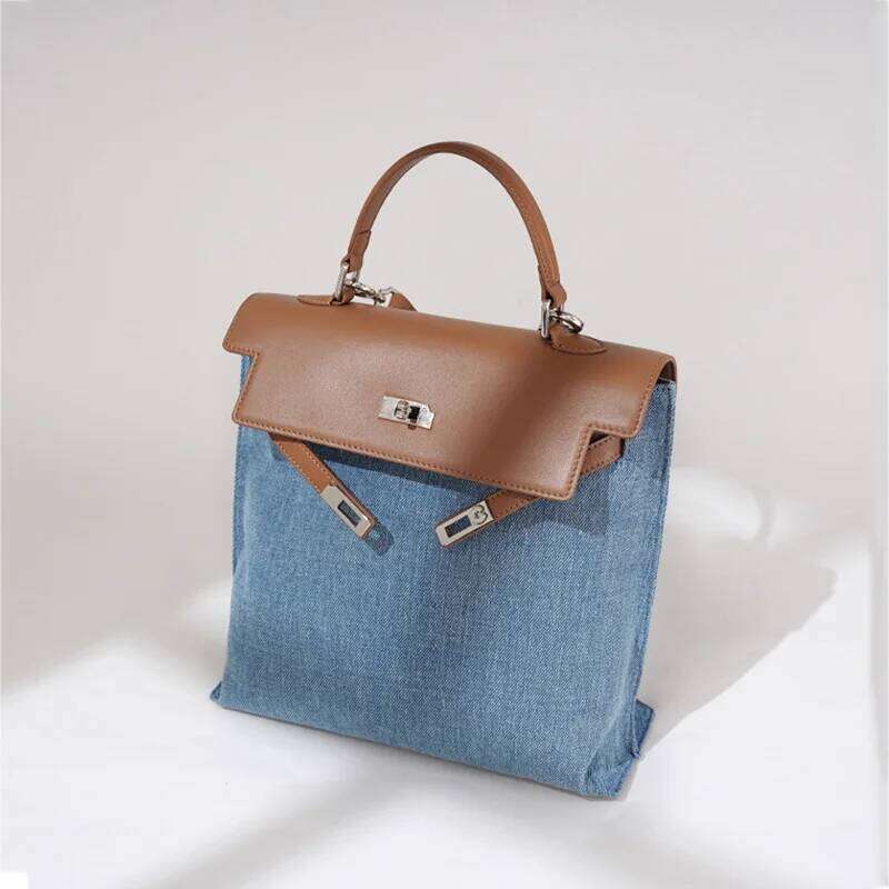 2025 New Women Backpack Fashion Denim Shoulder Genuine Leather Crossbody Bag Large Capacity Minimalist Tote Female Messenger