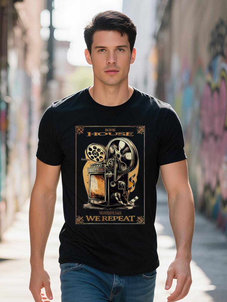 Men s Casual Round Neck T Shirt with Vintage Film Projector Print IN THIS HOUSE WATCH SNACK WE REPEAT Design Soft