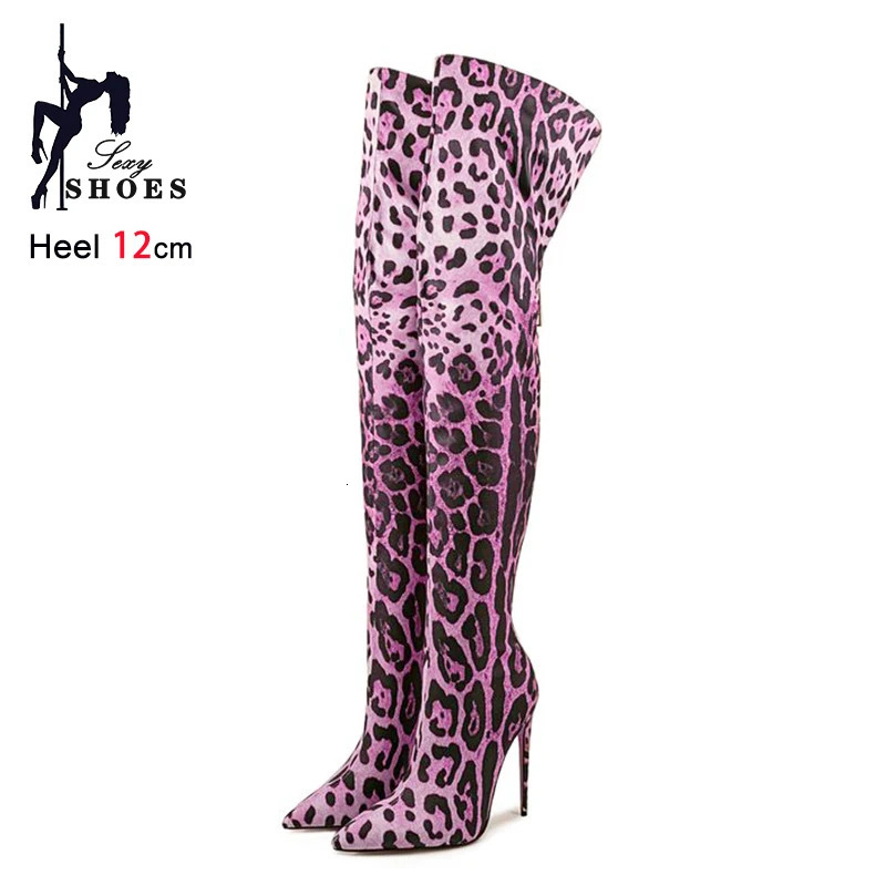 Purple Gradient Leopard Print Long Boots Women Thigh High Elastic Socks Boots 11CM Stiletto Over-the-Knee Spring Autumn Shoes 250812