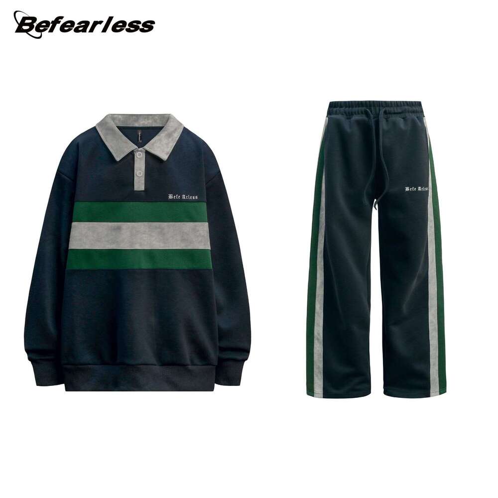 American Vintage Patchwork Sweatshirt Set Couple Trendy Loose Color-Block Sports Style Unisex Polo Shirt Jacket B5