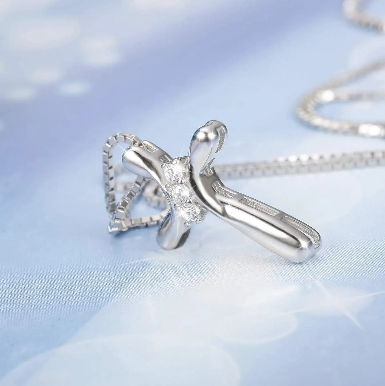 925 Sterling Silver Cross Necklace for Women 3 Stone Cubic Zirconia Silver Cross Pendant Necklaces with 1 MM Box Chain18 Inches 250812