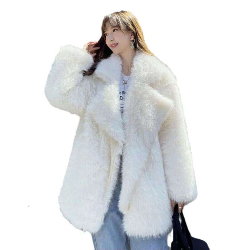 Autumn Winter Coat Women Fox Faux Fur Mid Length Y2k Coats Thick Warm Turn Down Collar Elegant Long Sleeve Jackets Streetwear