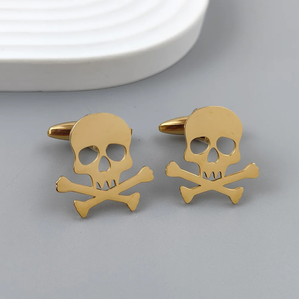 Pirate skull gold-plated cufflinks French shirt cuff accessories black stainless steel suit formal match 250812