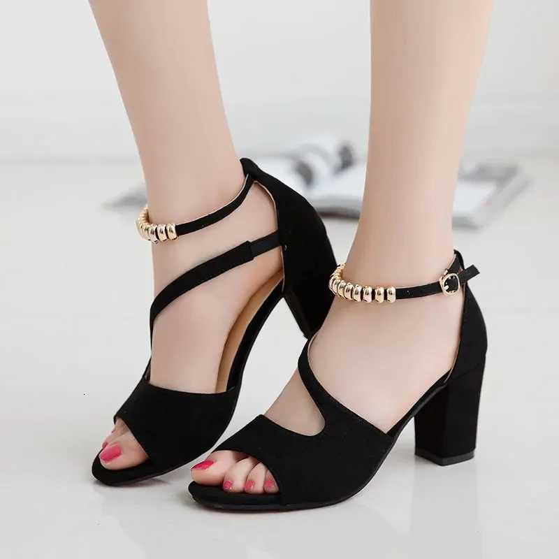 Summer Women Fish Mouth Style High-Heeled Shoes Size 43 Solid Color Fashion Beaded One-line Buckle All-match Low Top Sandals W250814