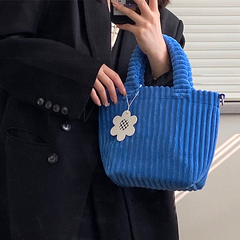 Autumn Winter New Corduroy Bucket Klein Blue Striped Handheld Tote Crossbody Bag for Women