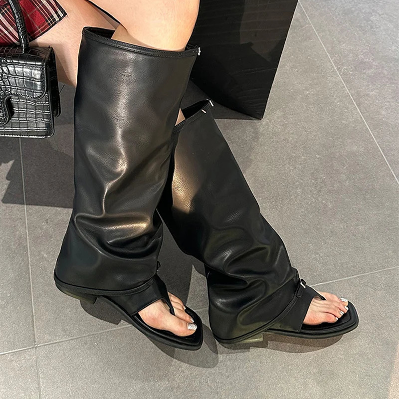 Knee High Women Cool Boots Sandals Square Toe Flats Shoes 2025 Summer Clip Toe Slippers Sexy Party Zapatillas De Mujer 250812