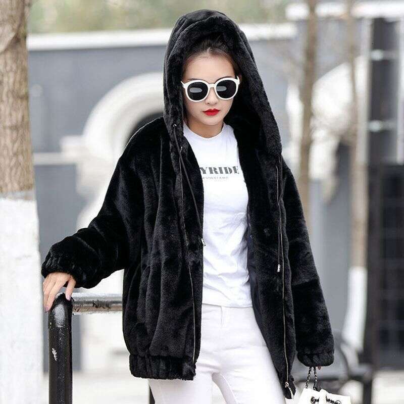 Flannel hooded jacket for women, medium to long, winter new, Korean version, loose plush warm long sleeved jacket with added plush short jacket