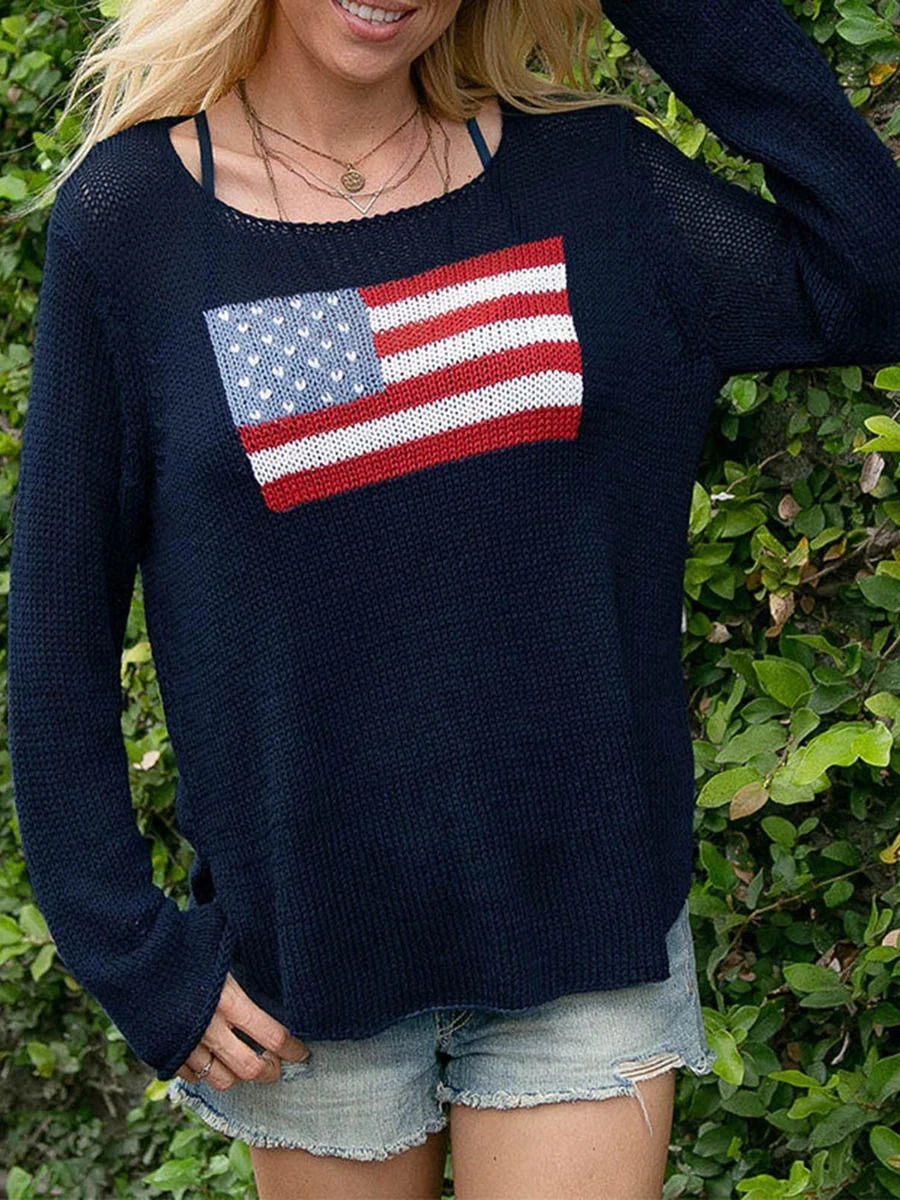 Women s Spring Autumn Knit Sweater Long Sleeve Crewneck Flag Print Loose Fitting Knitwear 250808