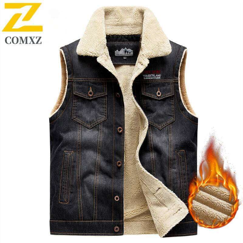 Denim Vest Autumn and Winter New Solid Color Veet Plush Chest Pocket Design Business Lapel Coat Men's Sleeveless Jacket
