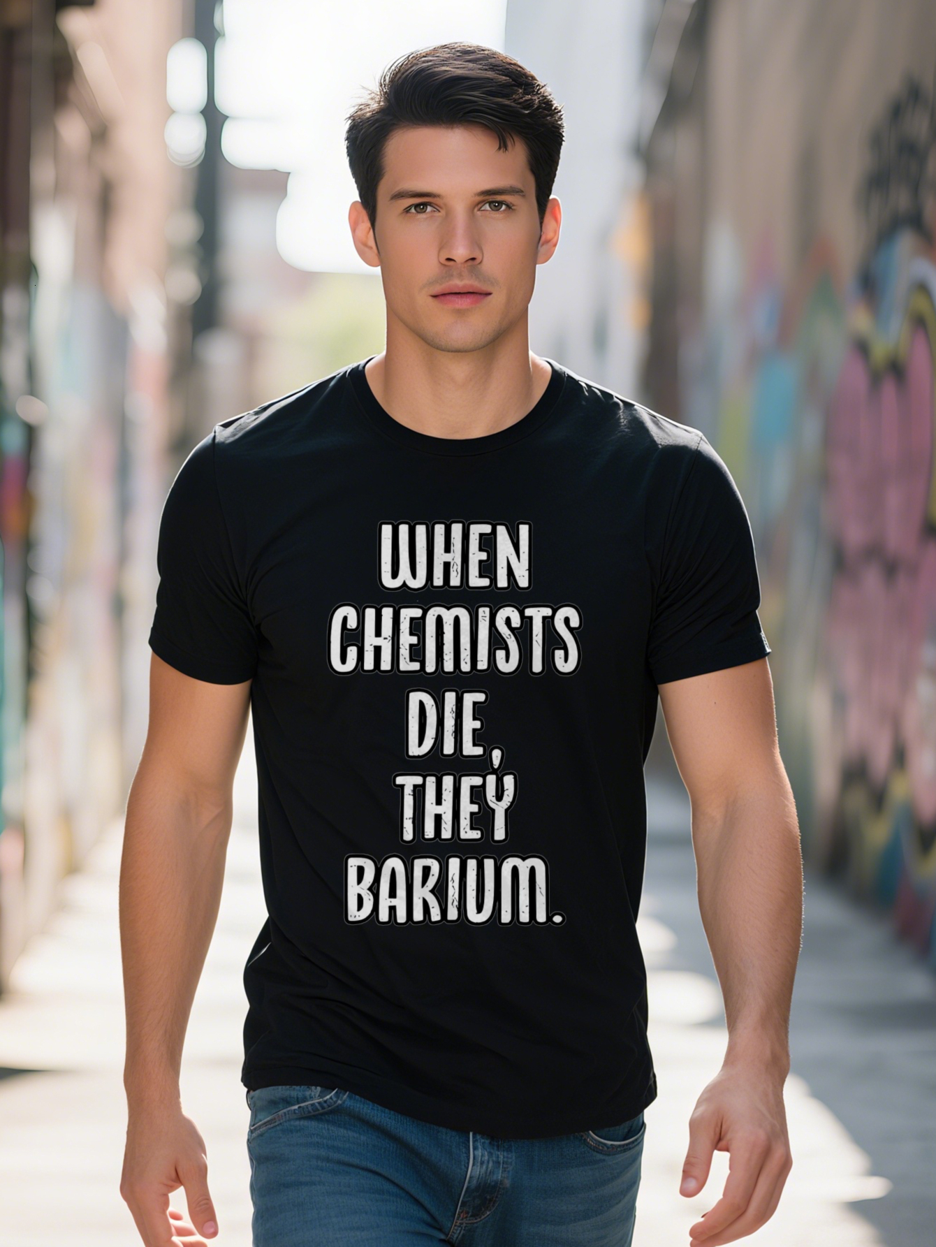 Men S Black Casual Crew Neck T-Shirt with Bold White Letter Print When Chemists Die They Barium Design Lightweight