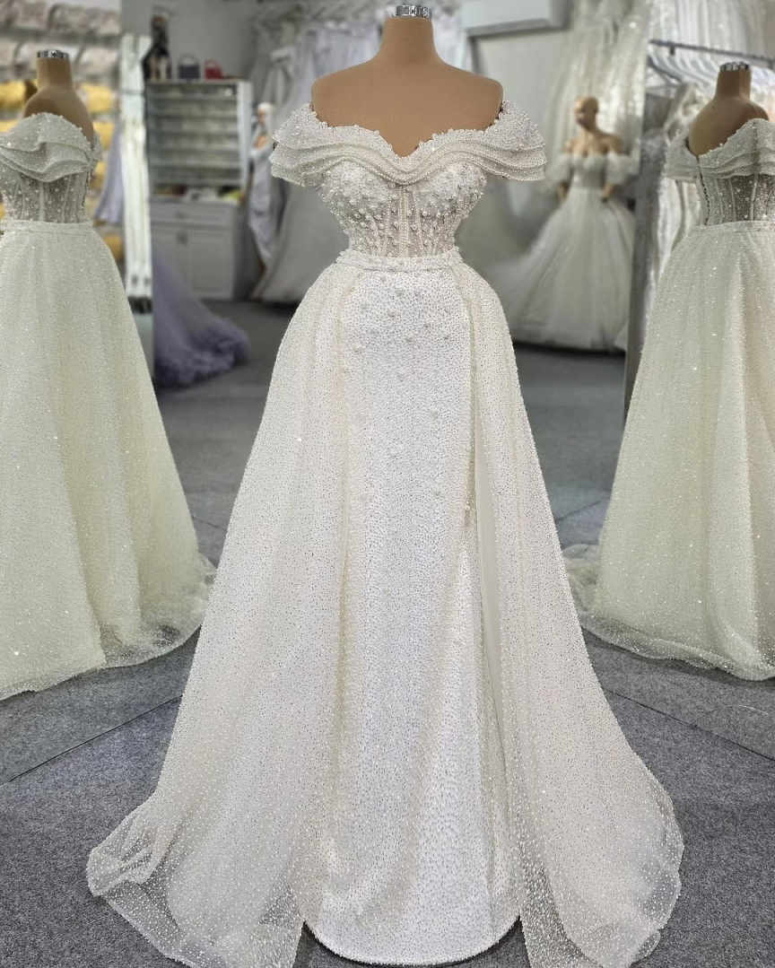 Vintage A Line Women Wedding Dress Sweetheart Neck Off Shoulder Sleeveless Bridal Gowns Sequins Beaded Detachable Train Dress Customized vestidos de n