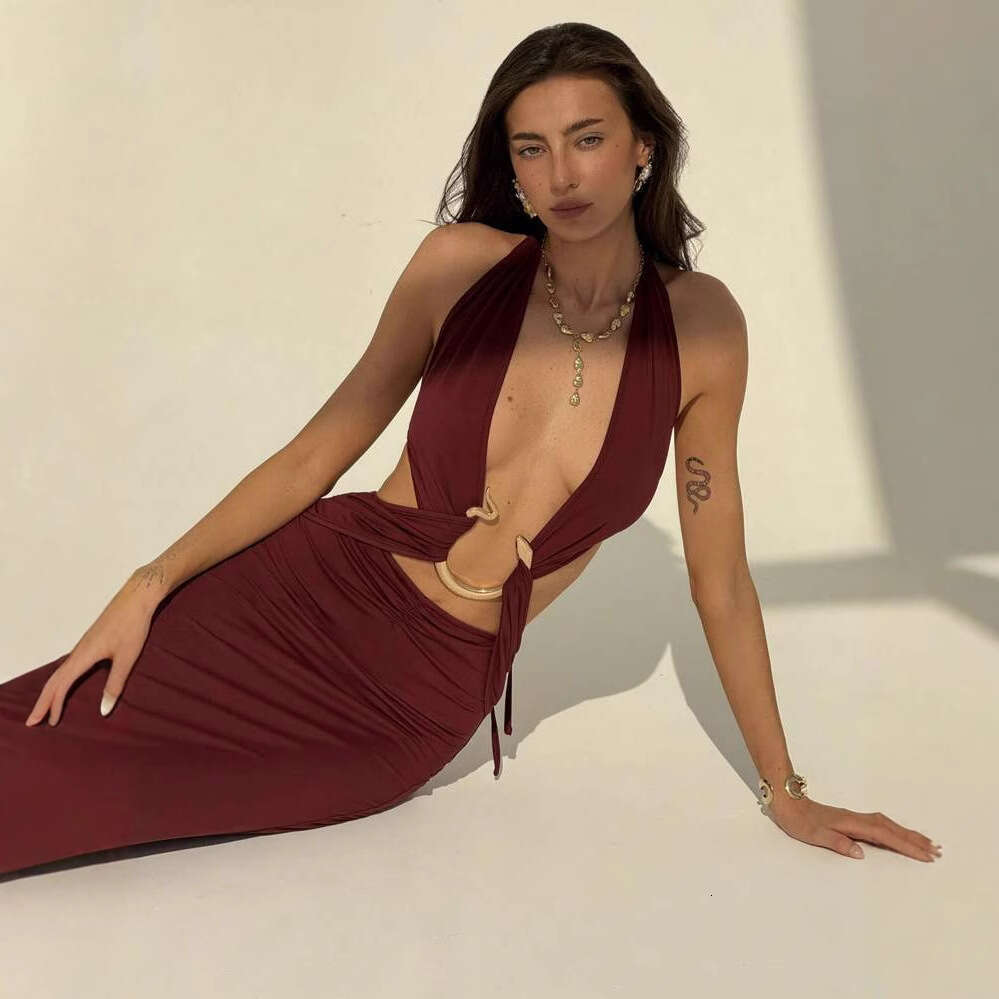 L25D054 Spring Summer Women Sexy Hot Girl Halter Deep V Neck designer t shirt Backless Three-Dimensional Snake-Shaped Decoration Dress