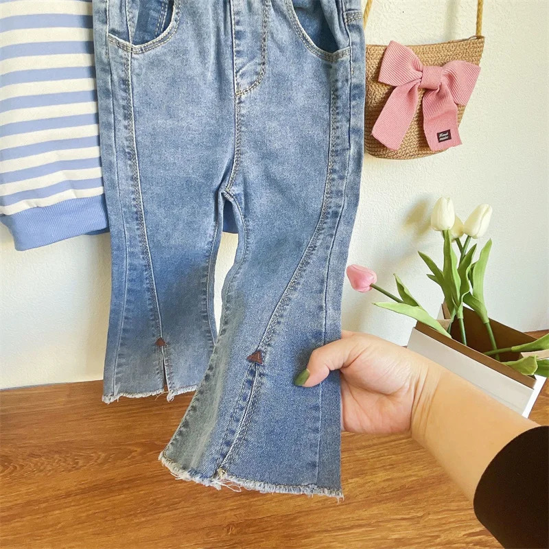 Girls Fashion Striped Set Kids Casual Sweatshirts Outfits Children Long Sleeves Clothing Suits Spring Fall TopsFlared Jeans 250813