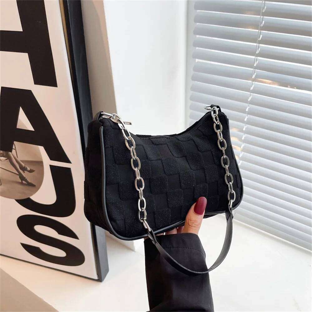 New Fashion Handbags Canvas Underarm Chain Casual Small Square Bag Simple Grid Women Shoulder Bags Female Clutch
