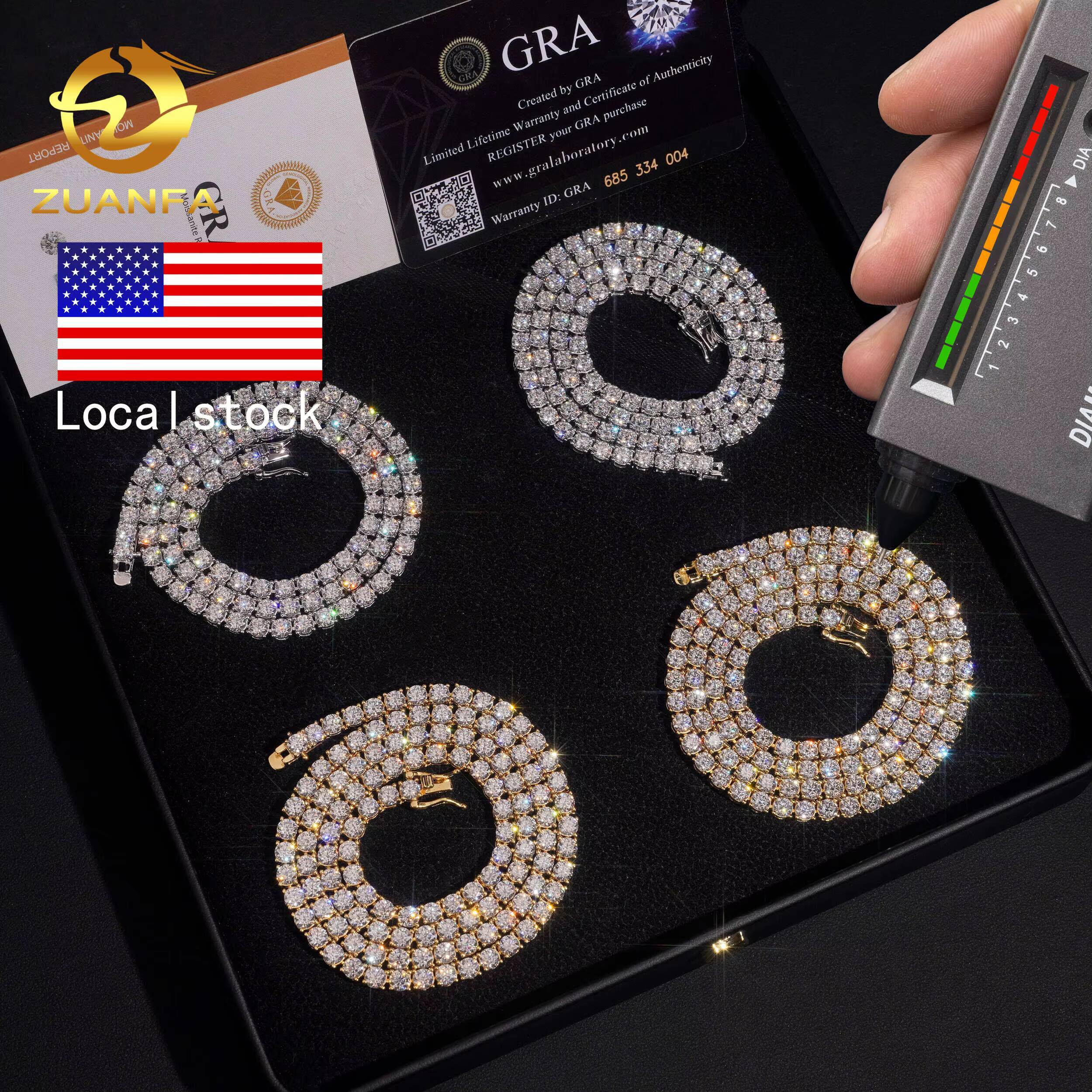 USA Local Stock 72H Shipping Hip Hop Classical Factory Price Gold Plated Sterling Sier 4mm Moissanite Dia Tennis Chain