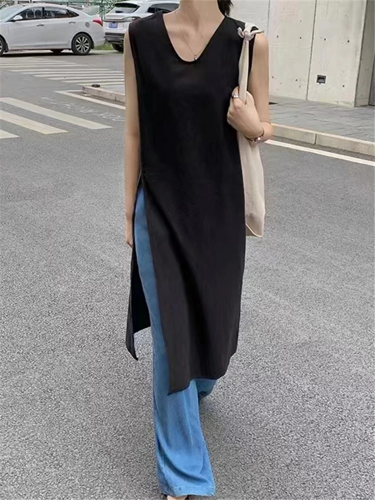 REALEFT Summer Vintage Cotton Linen Womens Dresses Sleeveless High Waist Casual V-Neck Side Split A-Line Dress Female 250813