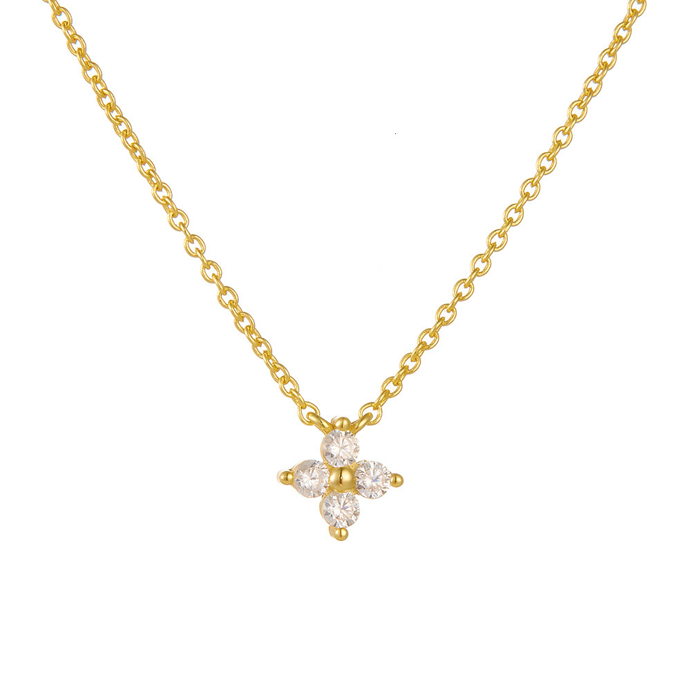 Sterling Sier 14K Gold Plated Dia-Encrusted Clover Flower Pendant Necklace for Women Simple Everyday Versatile Petite Collarbone Chain