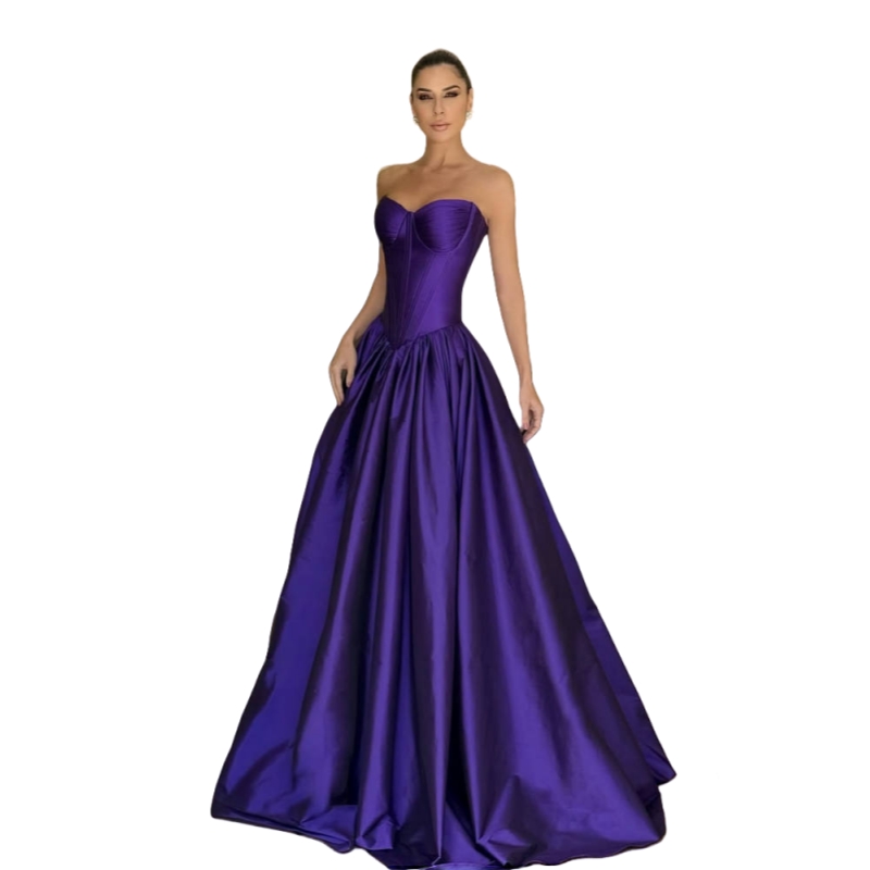Simple Purple Satin A-Line Evening Dresses Strapless Sweetheart Long Formal Occasion Gown Pleats Elegant Prom Dress Custom Made