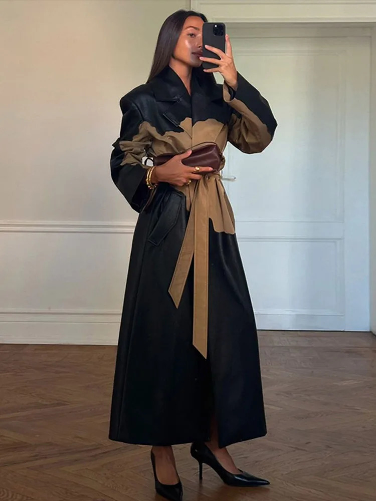 Patchwork Leather Long Coats Women Vintage Lace Up Lapel Single Breasted Female Coat Elegant Spring Autumn Lady Outwear 250809
