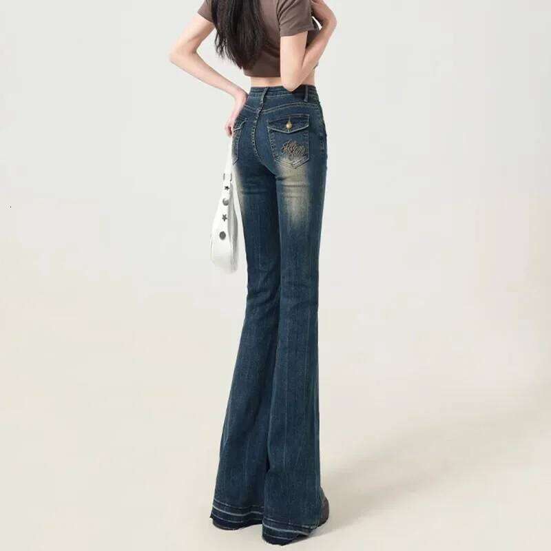 Woman New Waist Designer Flare Jeans Girls High Street Vintage Y2k 2000s Bell Bottom Pants Female Blue Baggy Denim Trousers