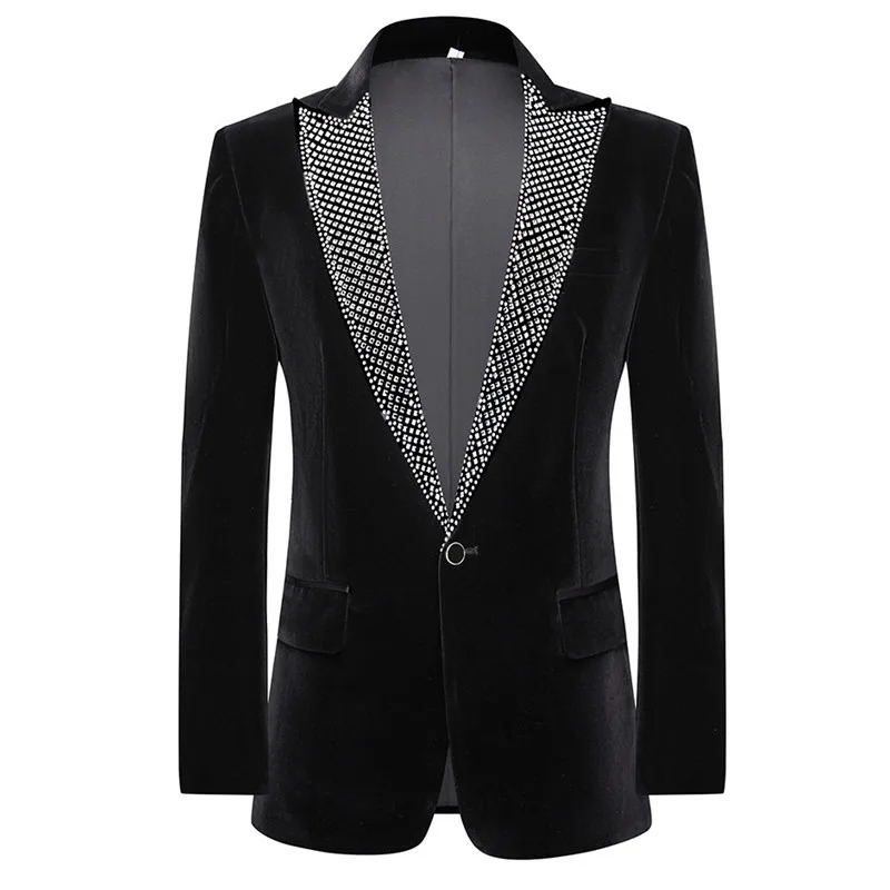 Formal Wedding Suit Jackets Black Velvet Rhinestones Collar Blazer Banquet Prom Party Tuxedo Male Singer Concert Stage Suit Coat 250811