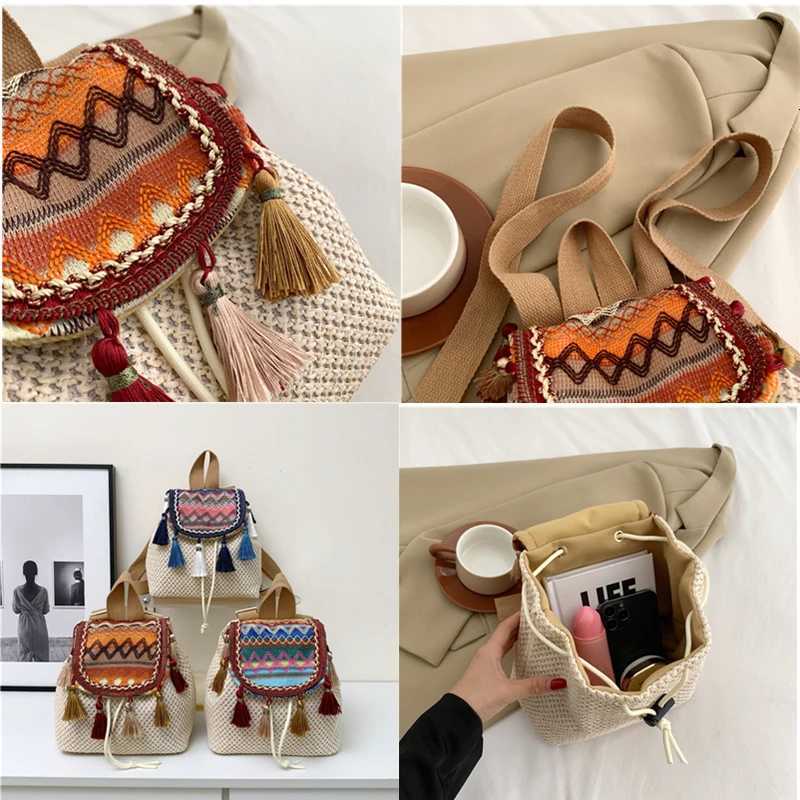 2023 New Fashion Folk Style Portable Small Bag Female Woven Shoulder Bag Niche High Sense Travel Luxury Women Straw Backpack XJ250814